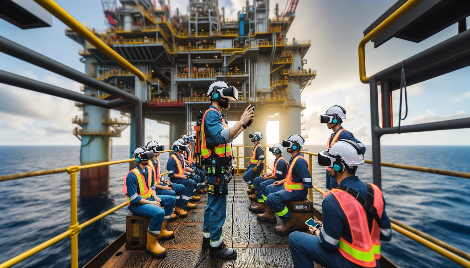 oil & gas offshore workers standing in the hull and undergoing safety training in vr