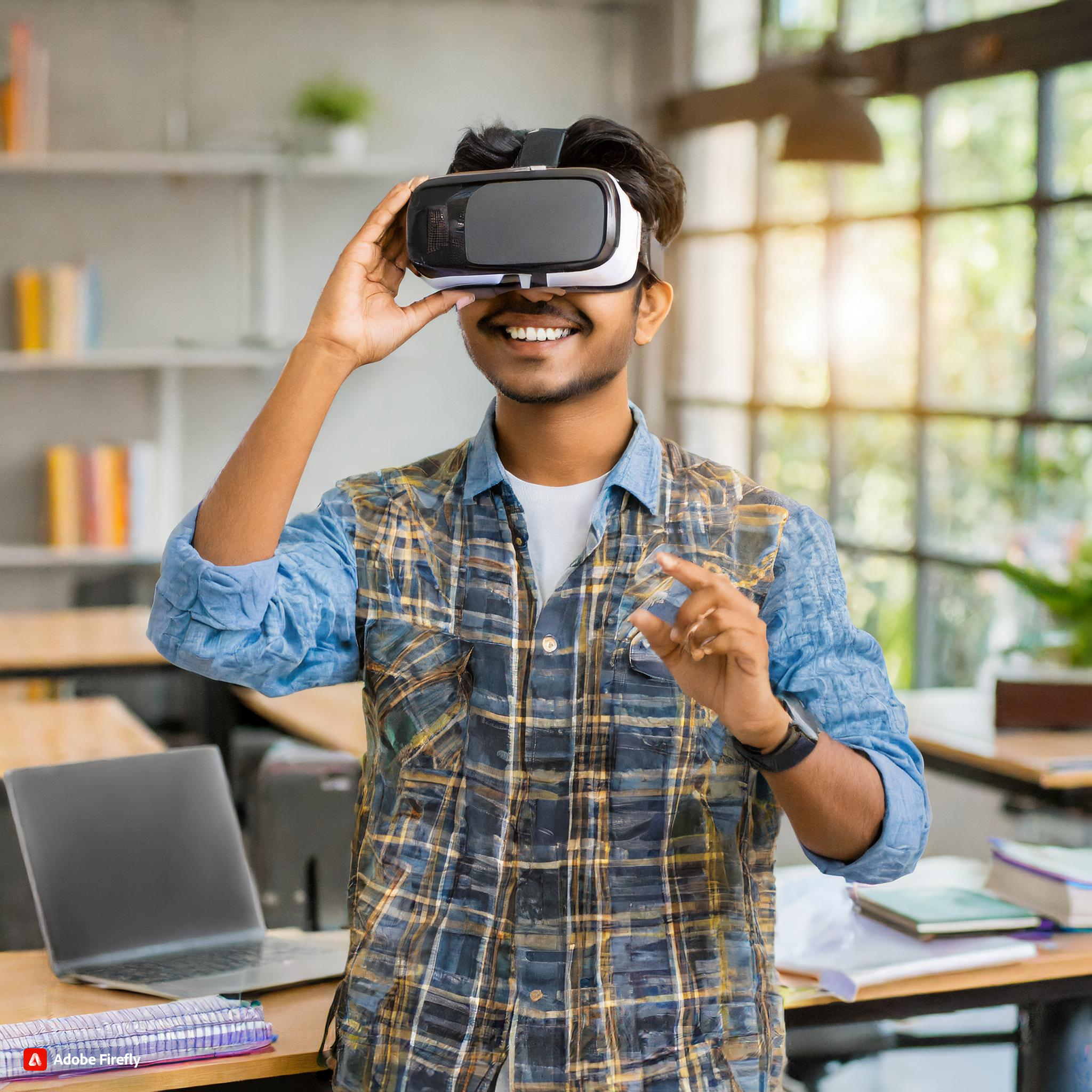 engineering college student wearing vr headset 