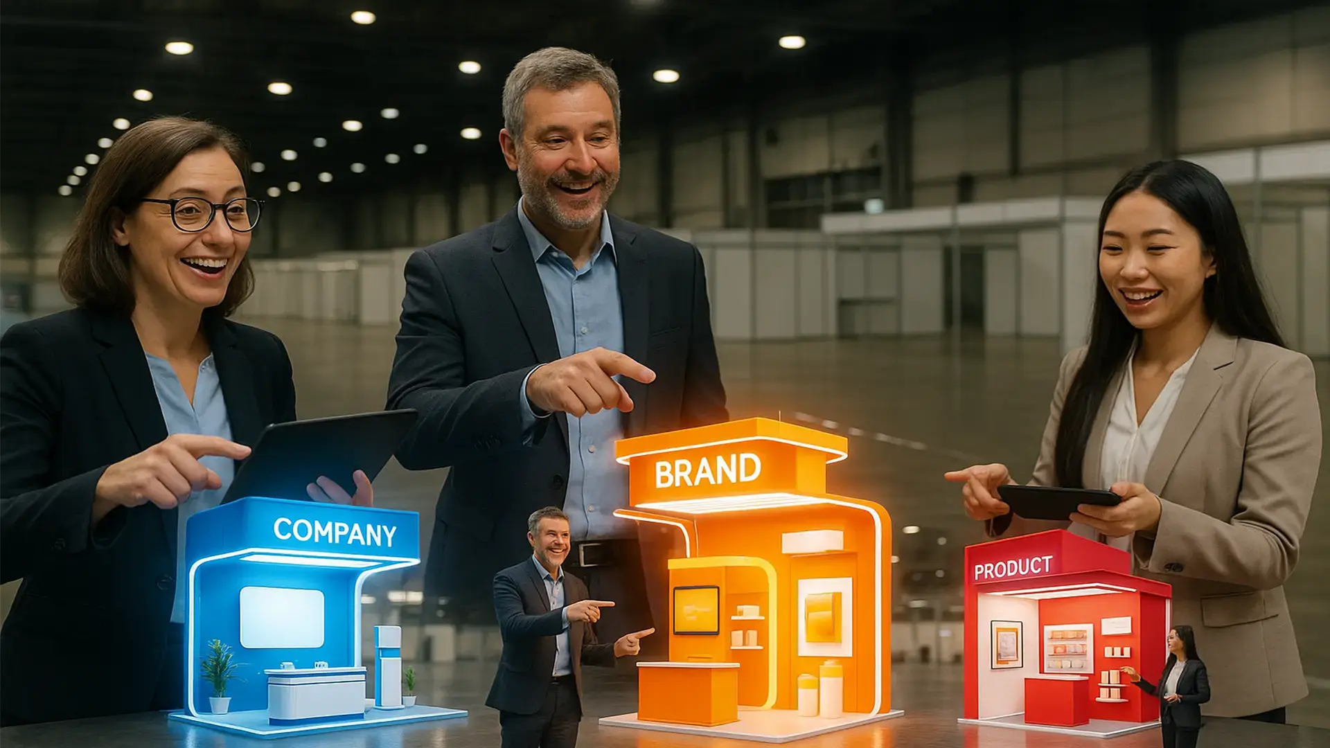 threes marketers showcasing their 3D booth 